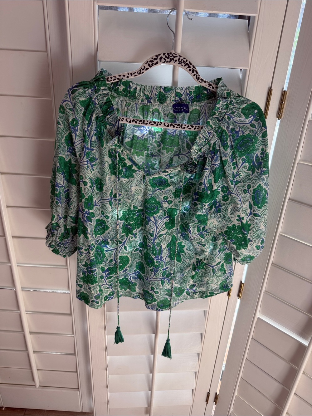 Green Floral Tie-Front Peasant Blouse